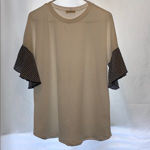 White shirt with navy gingham bell sleeves